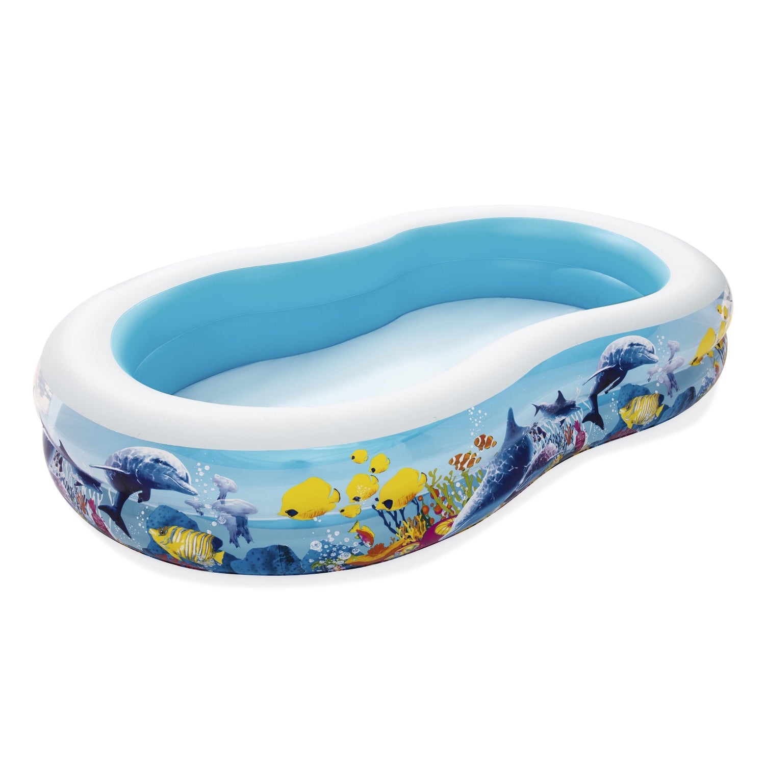 piscina inflable familiar Bestway, color azul, vista lateral, decorada con peces